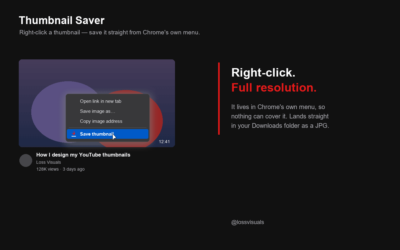 YouTube Thumbnail Saver: right-click menu on a YouTube thumbnail showing a "Save thumbnail" entry